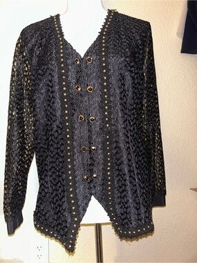 Vintage black Lace Mesh Button-Front Women's Blazer Jacket Gold stud detail